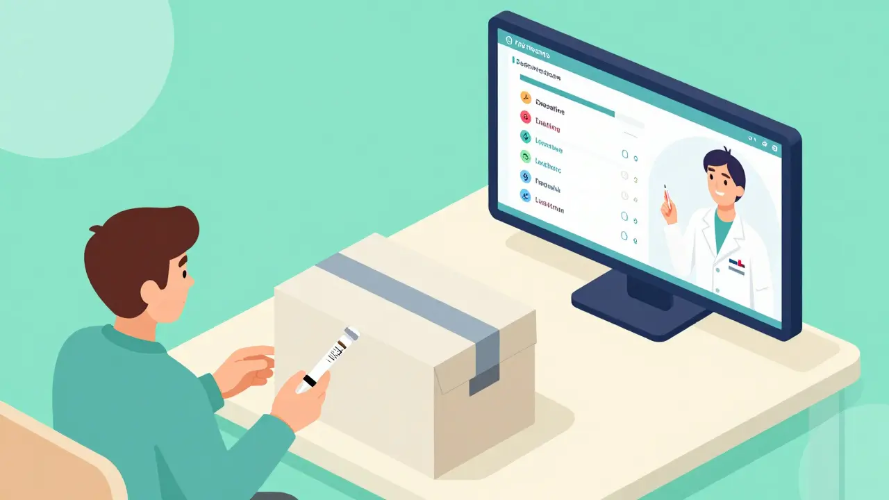 Patient receiving specialty drug at home with pharmacist guiding via video call and digital care dashboard.