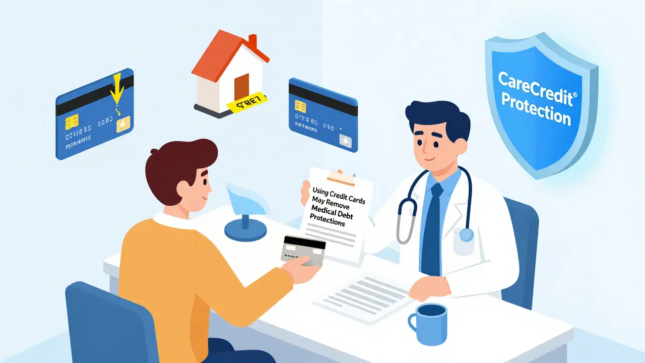 Patient refuses to give credit card, shown with warning about loss of medical debt protections.