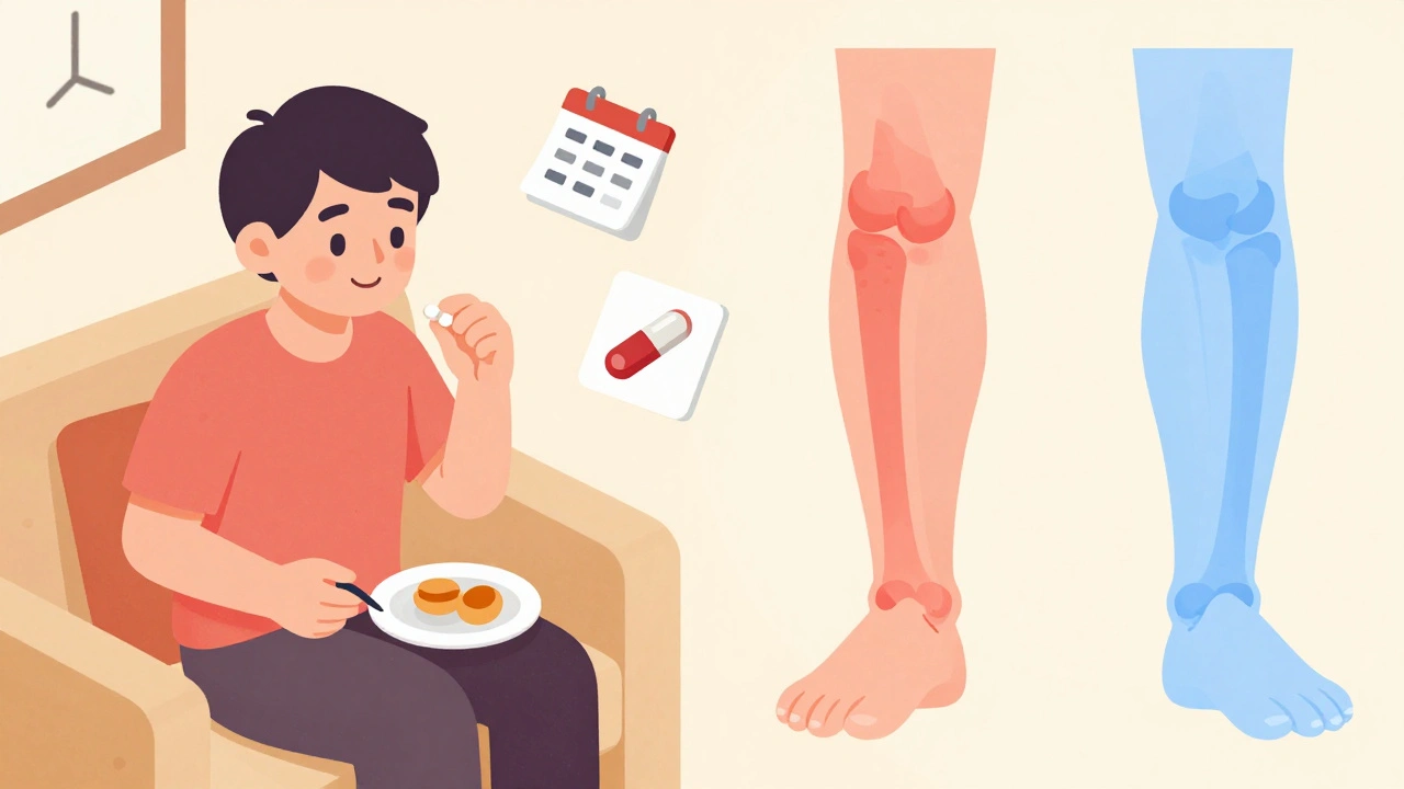 Patient taking hydroxychloroquine with breakfast, showing transformed healthy joints and reduced flare icons in background.
