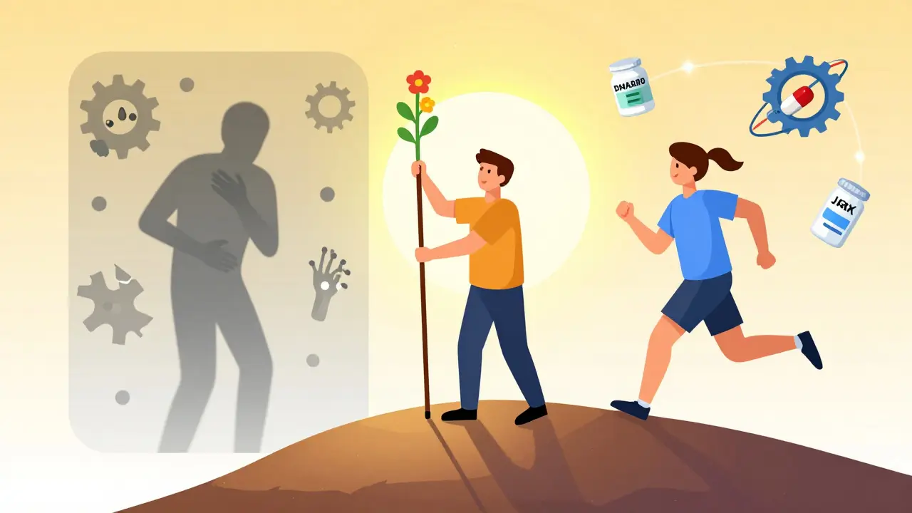 Patient walking freely on a hill, with medical treatments as floating gear icons.