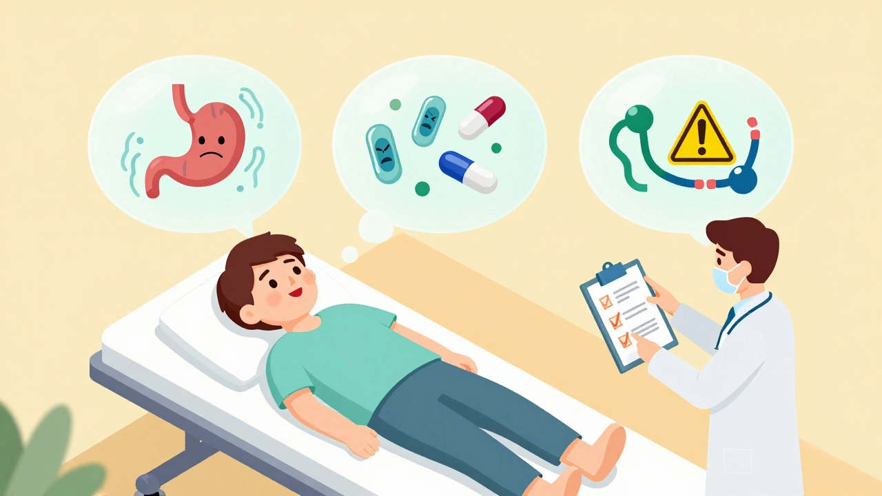 Patient with thought bubbles showing side effect, allergy, and intolerance mechanisms in a clinic setting.
