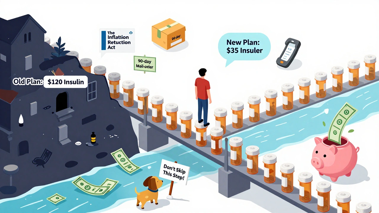 Person crossing a bridge of pills from high-cost to low-cost drug coverage, with savings and official tools in the background.