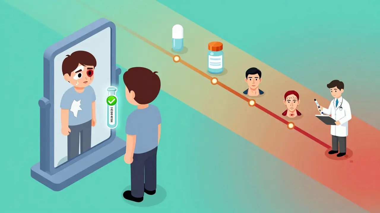 Person seeing their damaged reflection in a mirror, with genetic test vial glowing green and timeline showing recovery paths.