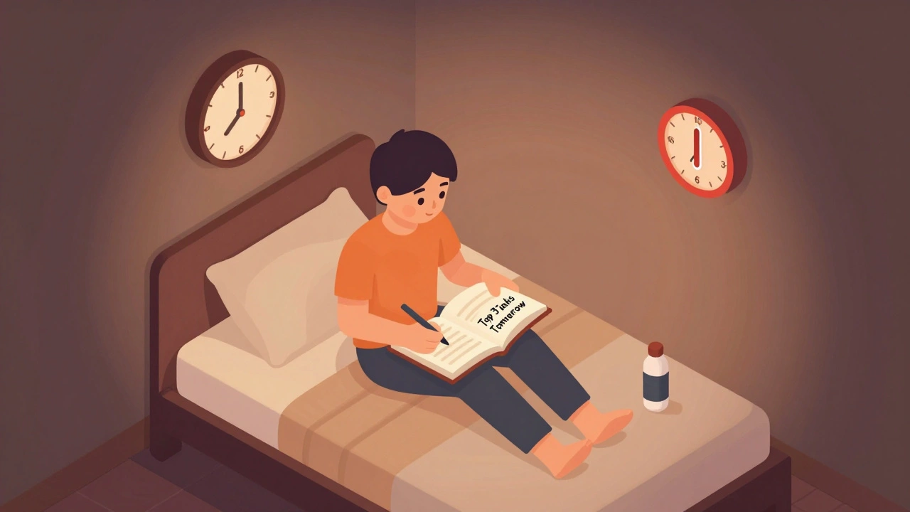 Person writing evening to-do list in dim bedroom with red nightlight and no screens, promoting mental wind-down.