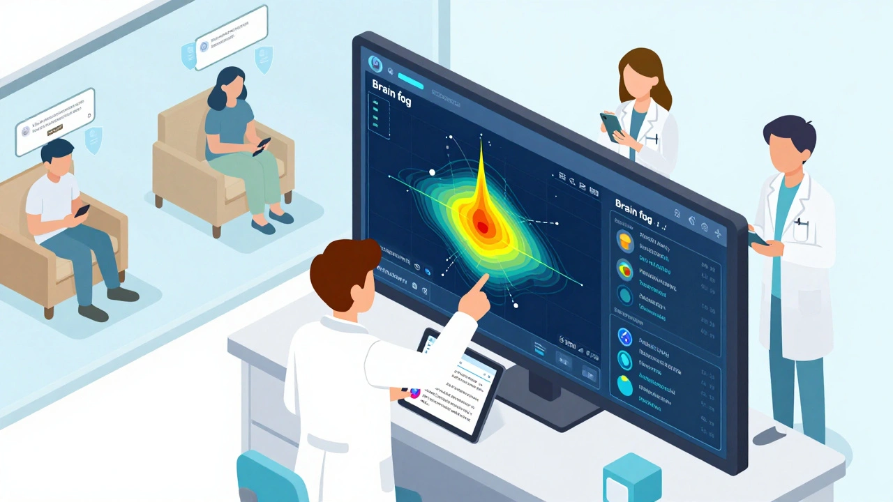 Pharmaceutical scientists analyzing social media heatmaps for drug side effect patterns in a digital lab.