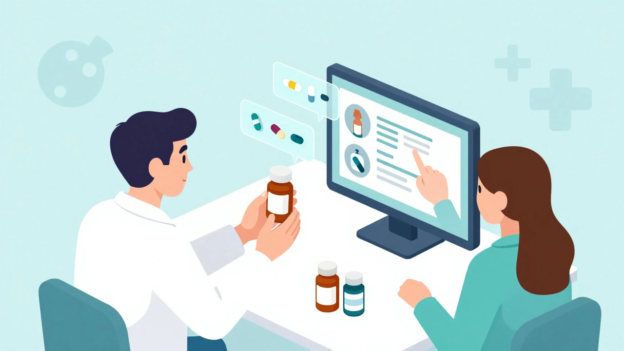 Pharmacist and patient in video call with floating medication labels above pill bottles