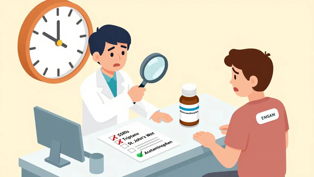 Pharmacist examining cough medicine with patient wearing EMSAM patch, checklist showing safe and unsafe medications.