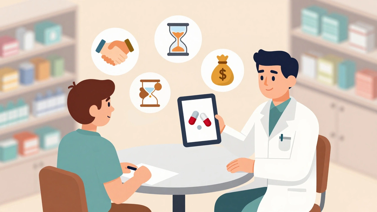 Pharmacist explains generic substitution to a patient using a tablet showing a bloodstream animation.