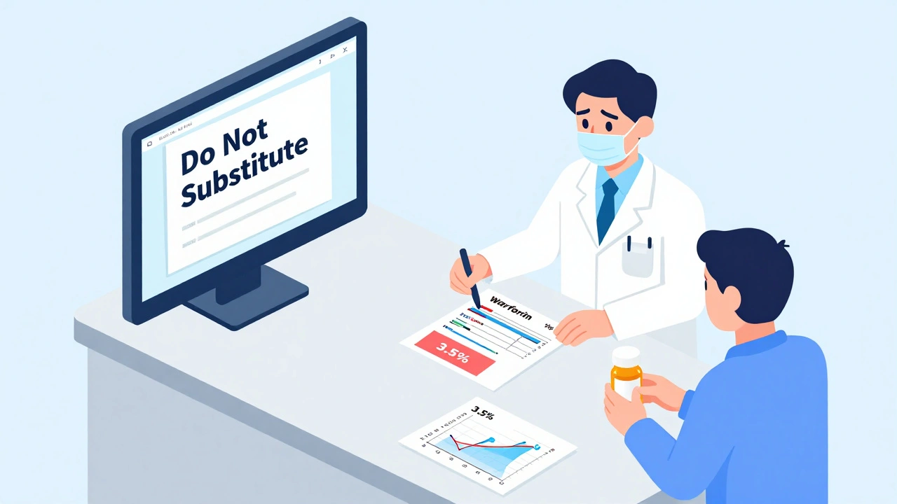 Pharmacist flags a high-risk medication prescription while a doctor&#039;s note is partially hidden on a computer screen.