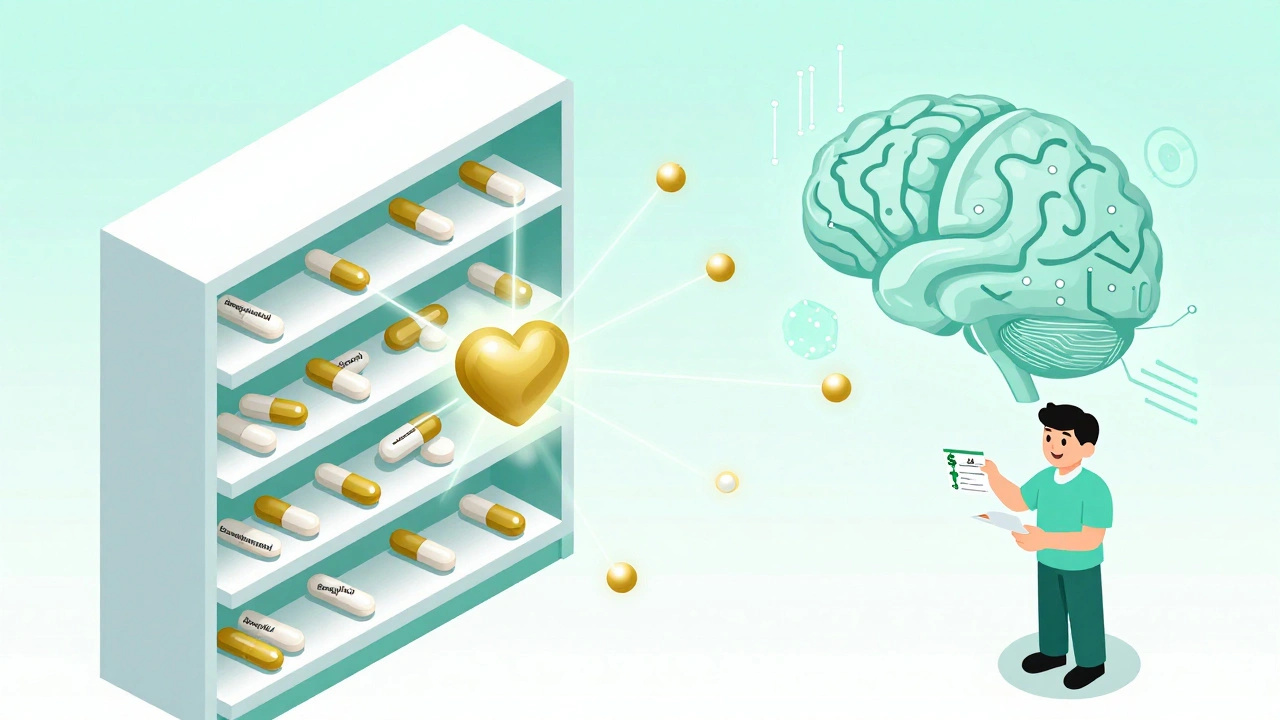 Pharmacy shelf of generics connected to a heart, with AI analyzing drug data in background.