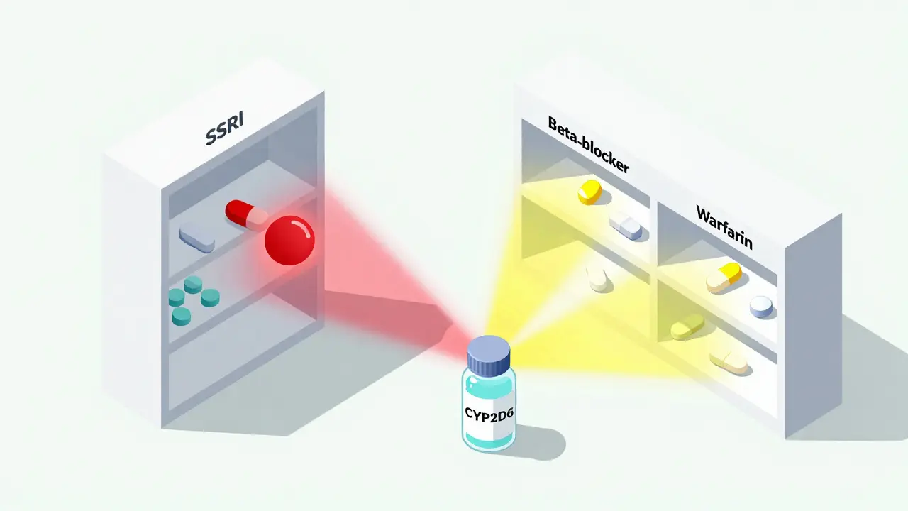 Pills in standoff on pharmacy shelf, with genetic testing vial, showing drug interaction dynamics.