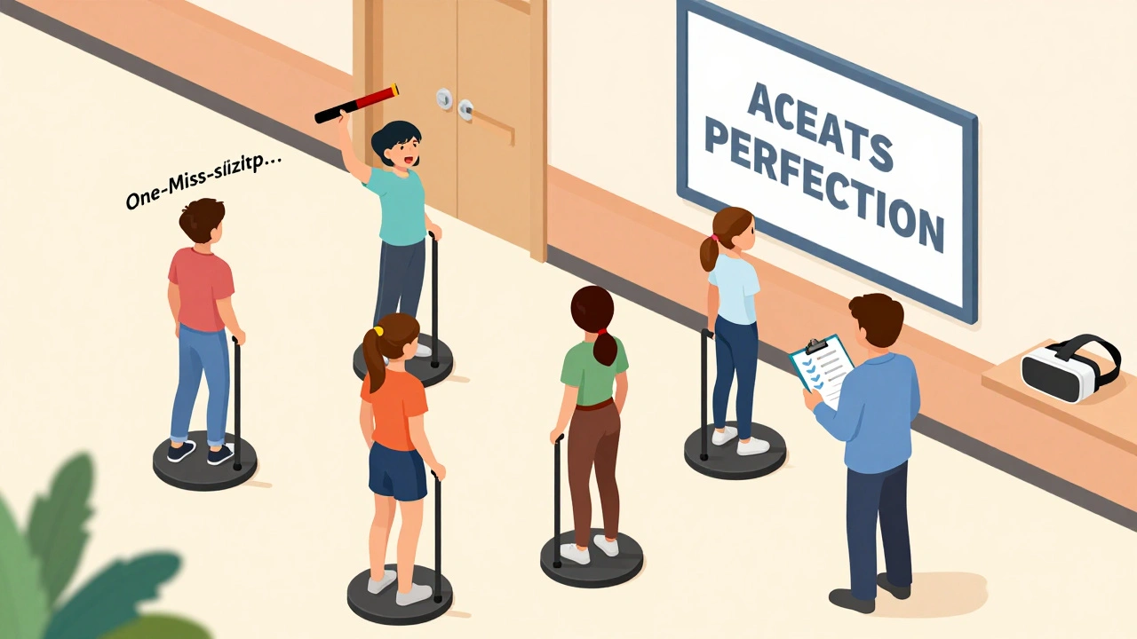 School staff and students practicing auto-injector drills through clothing, counting aloud, with checklist poster in background.