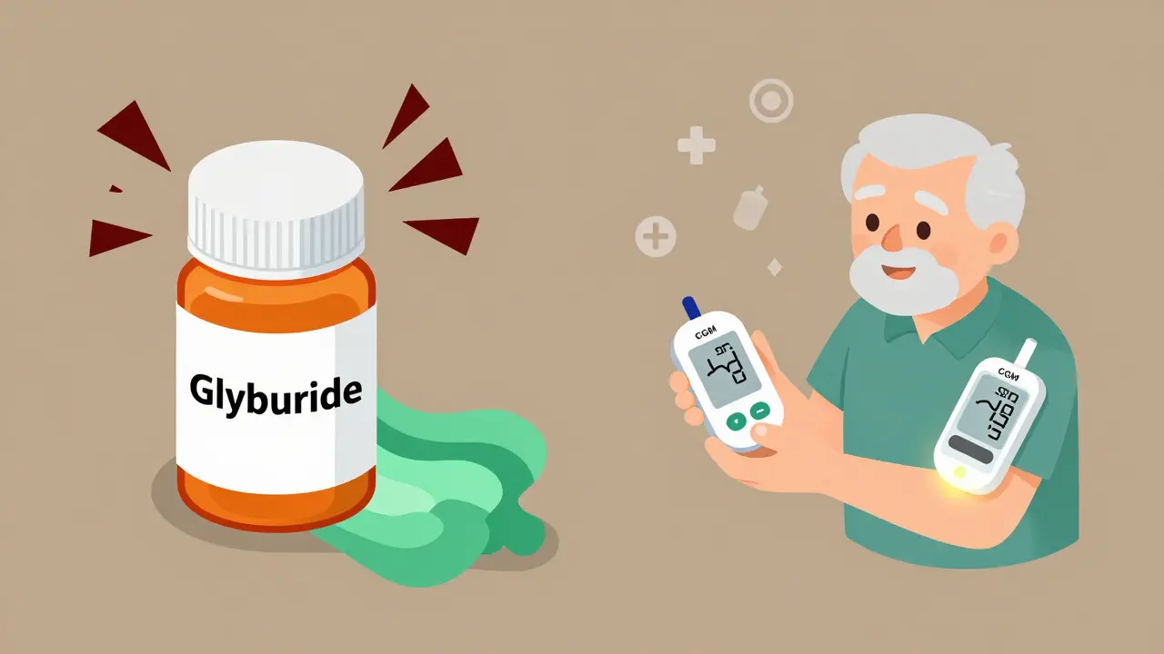 Side-by-side comparison of glyburide and glipizide pills with warning spikes vs. calming waves, patient holding CGM.