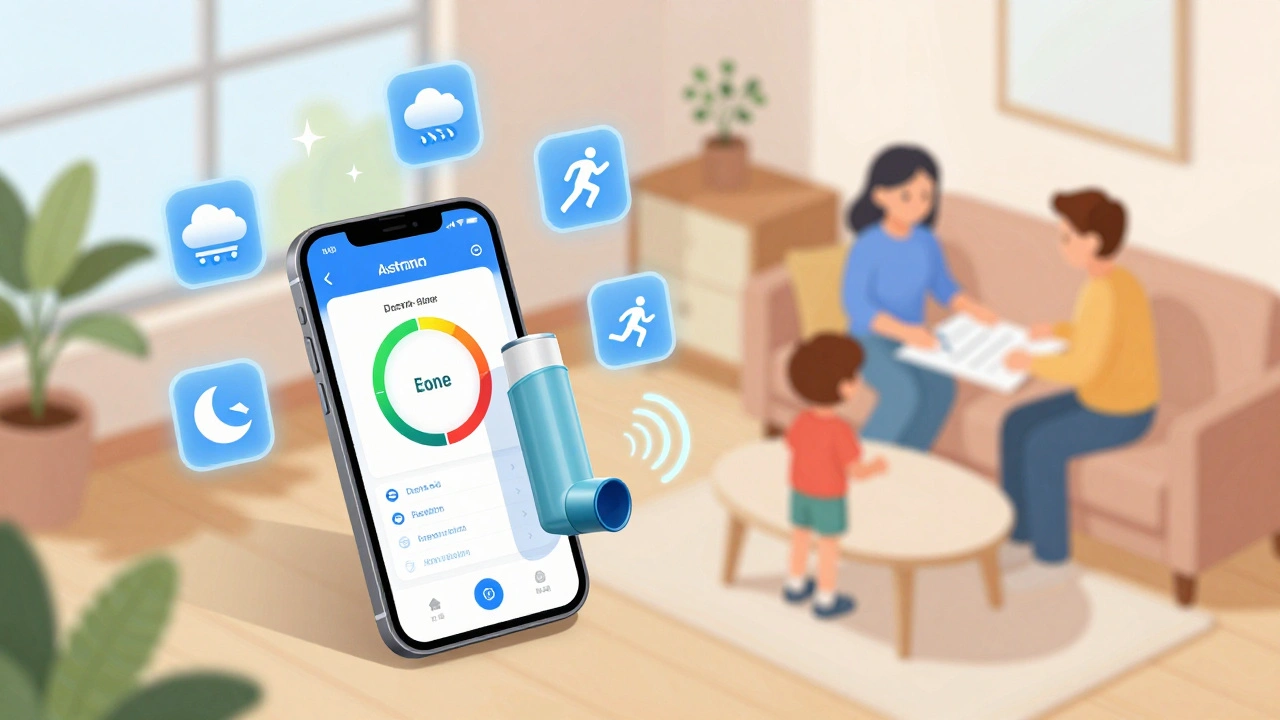 Smart inhaler syncing with app showing asthma zone alerts and environmental triggers.