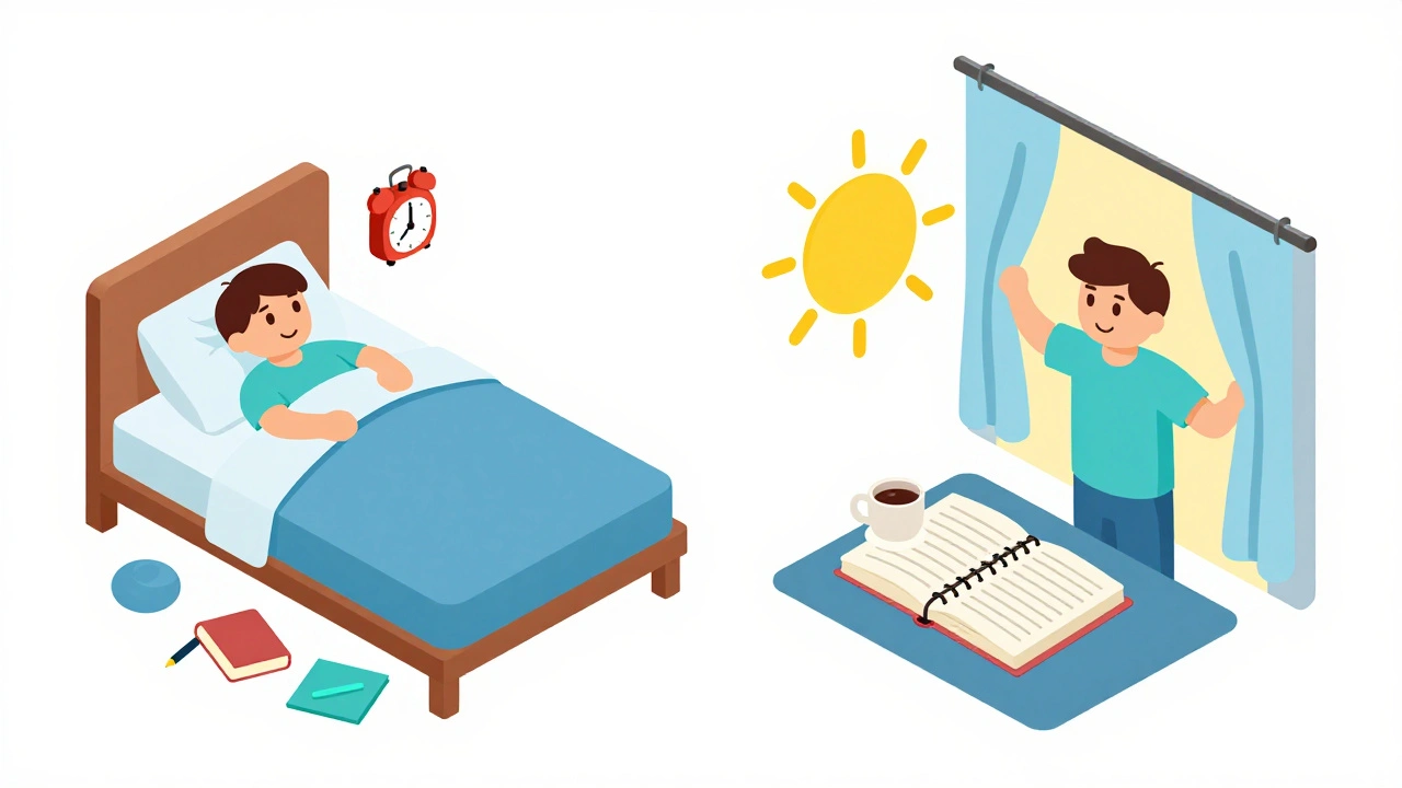 Split scene: chaotic weekend oversleeping vs. consistent early wake-up with sunlight and calm routine.