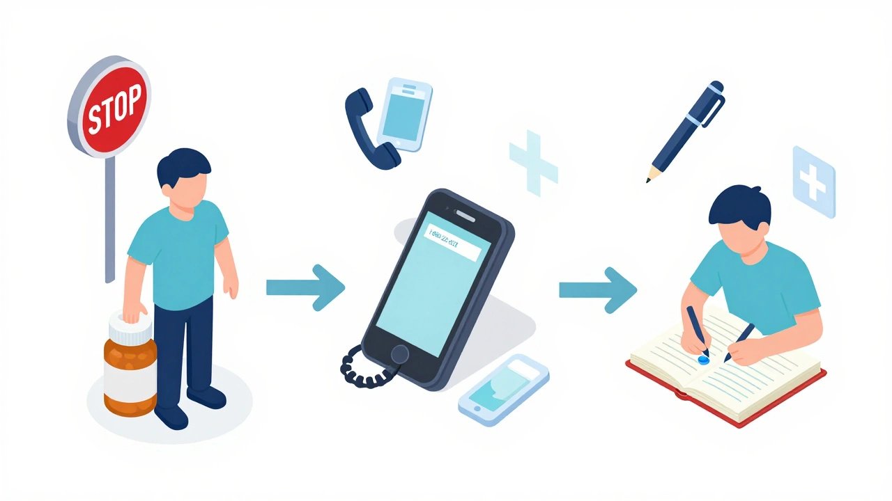Step-by-step visual guide showing actions to take during a medication side effect emergency.