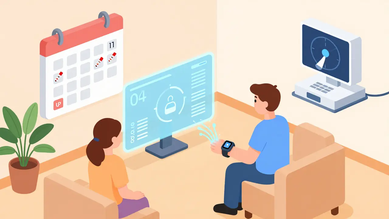 Stylized room with wearable tech, AI interface, and medical icons showing proactive autoimmune monitoring.