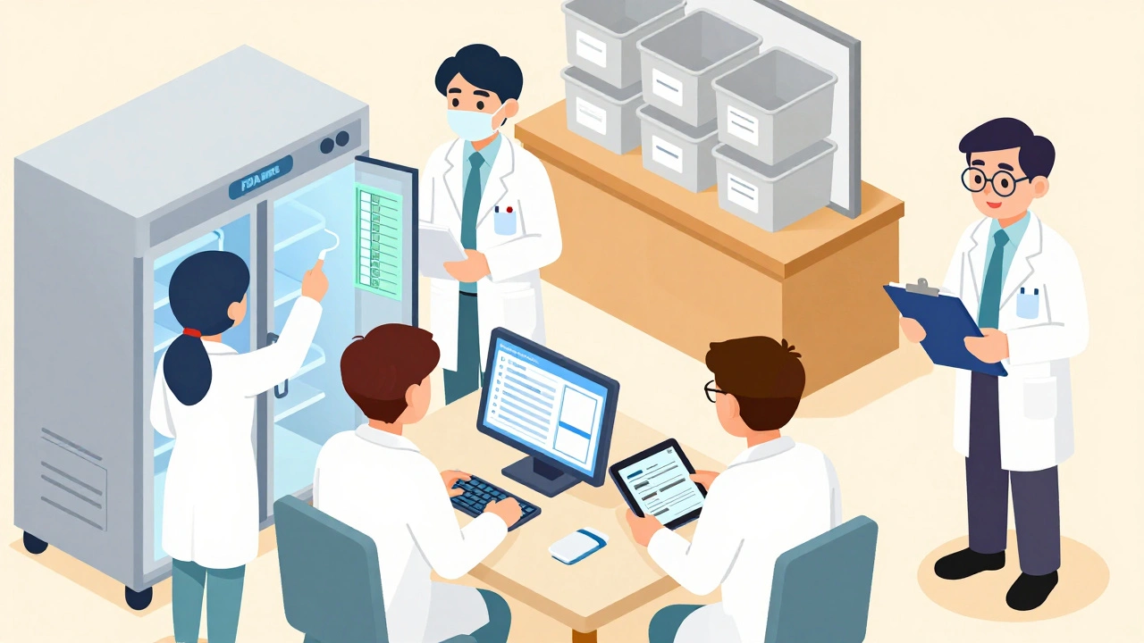 Team conducting a mock FDA inspection with PreCheck Program documents and organized lab equipment.