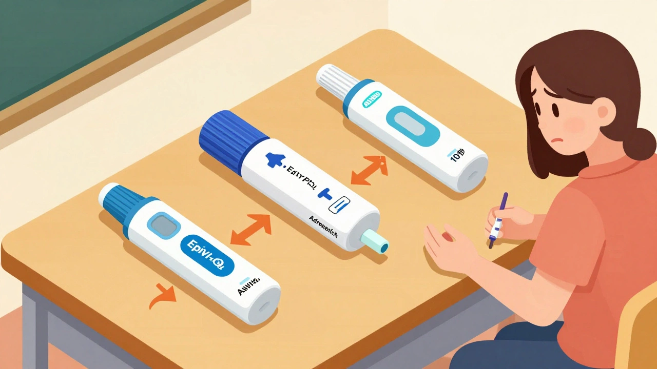 Three different epinephrine injectors on a desk with step-by-step usage arrows, one incorrect injection shown in corner.