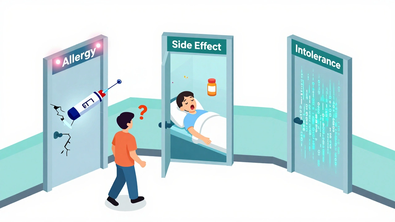 Three labeled doors representing drug reaction types in a hospital hallway, with visual cues for each.