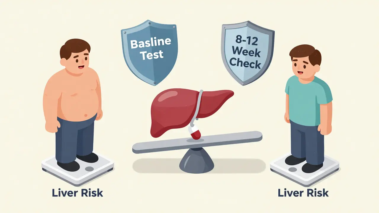 Three patients on risk scales, one tipping as duloxetine pill falls, with monitoring shields floating above.
