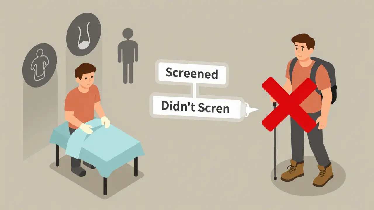 Two parallel life paths for a man: one with cancer treatment side effects, one without screening, shown in isometric style.