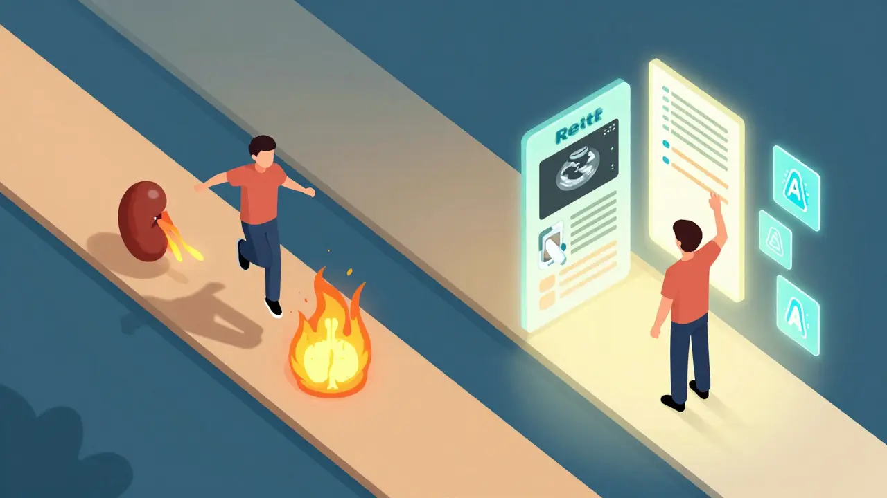 Two paths: one leading to organ damage, the other to health, with medical tools guiding the way.