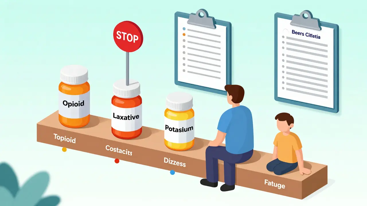 A cascade of pills causing side effects like dizziness and fatigue on a staircase, with a red STOP sign.