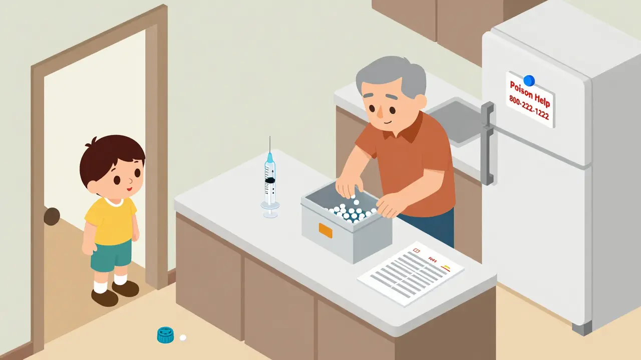 A grandfather stores pills in a locked box while a child watches, with an oral syringe and poison help number visible.