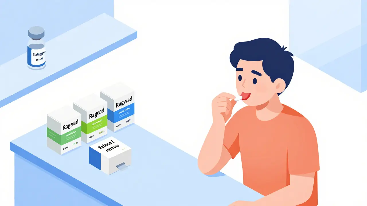 A person taking a sublingual tablet at home with three separate allergy tablets and one multi-allergen shot vial nearby.
