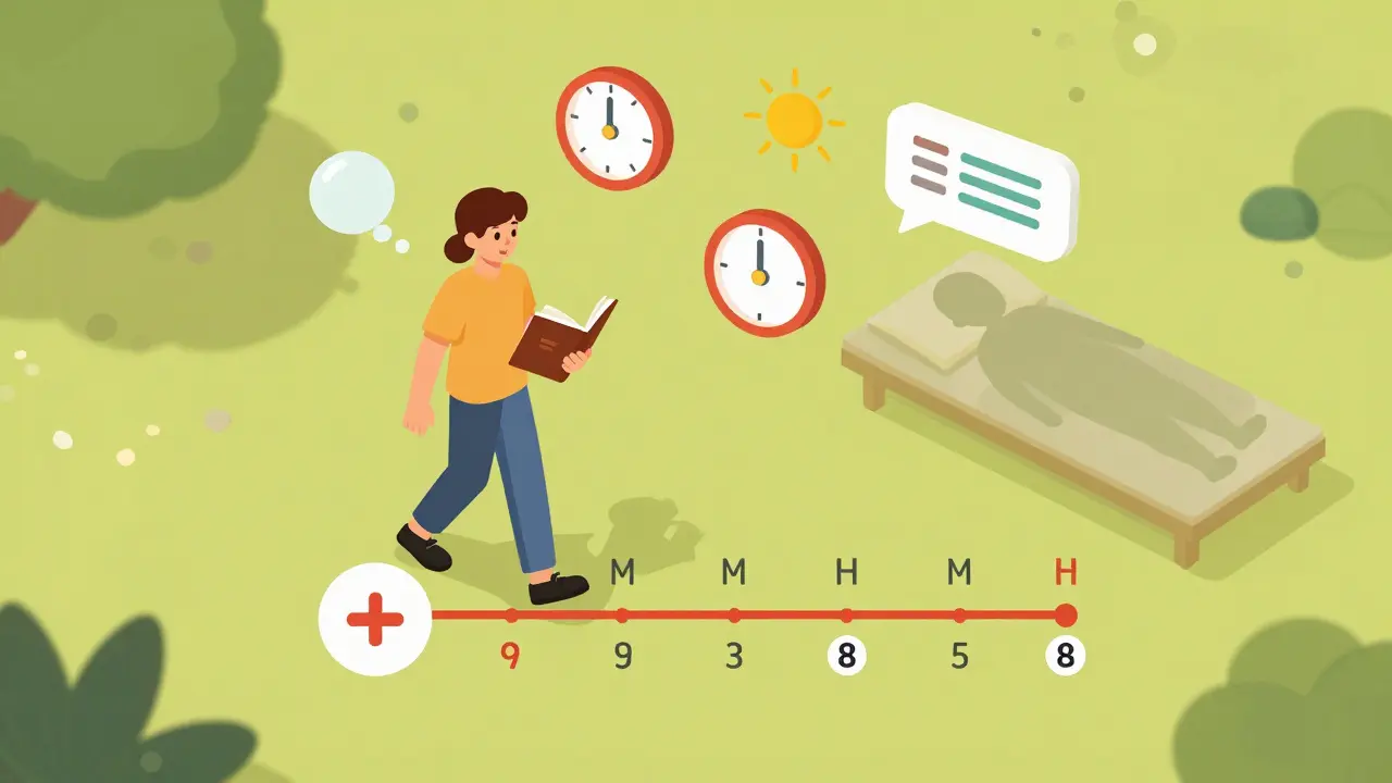 A person walking daily with floating self-management icons like breathing, journaling, and online support in a sunny isometric scene.