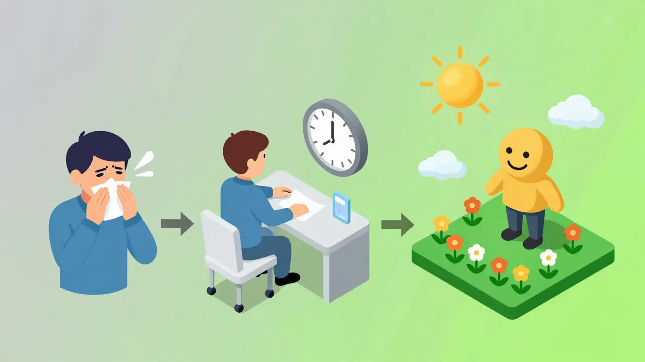 A timeline showing allergy relief progress from sneezing to smiling under sunny skies with isometric style.