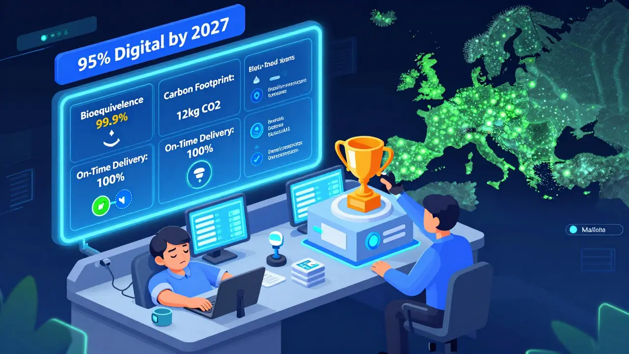 AI system scoring drug bids in a futuristic procurement room, with sustainability and delivery metrics glowing on screens.