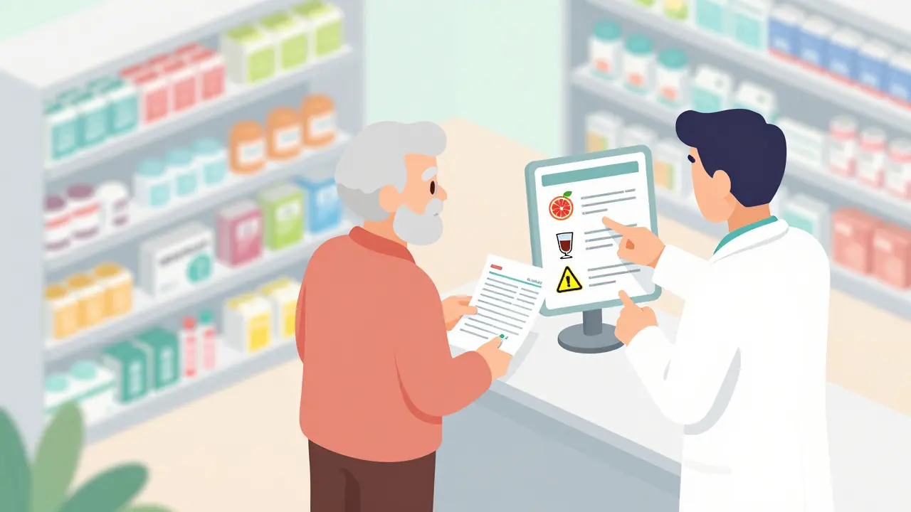Caregiver and pharmacist reviewing medication interactions at a pharmacy counter.
