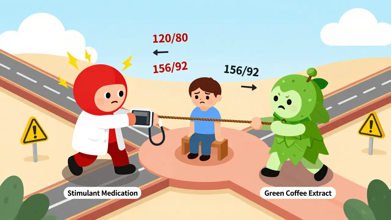 Cartoon tug-of-war between stimulant and green coffee extract over a blood pressure cuff, with a patient caught in the middle.