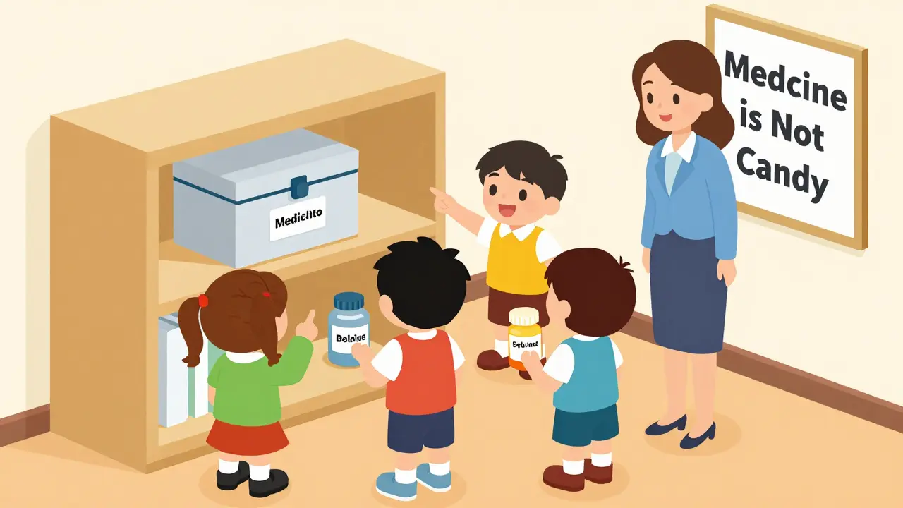Children in a classroom identify safe medicine storage, holding labeled bottles and pointing to a lock box.