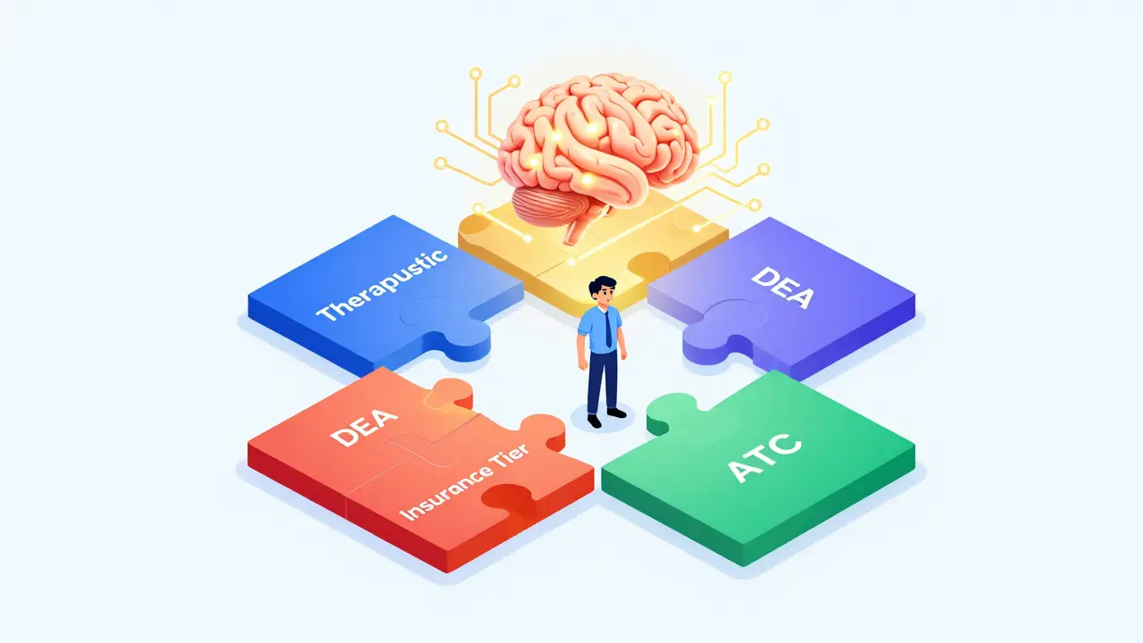 Confused patient surrounded by fragmented drug classification puzzle pieces, connected by glowing AI lines.