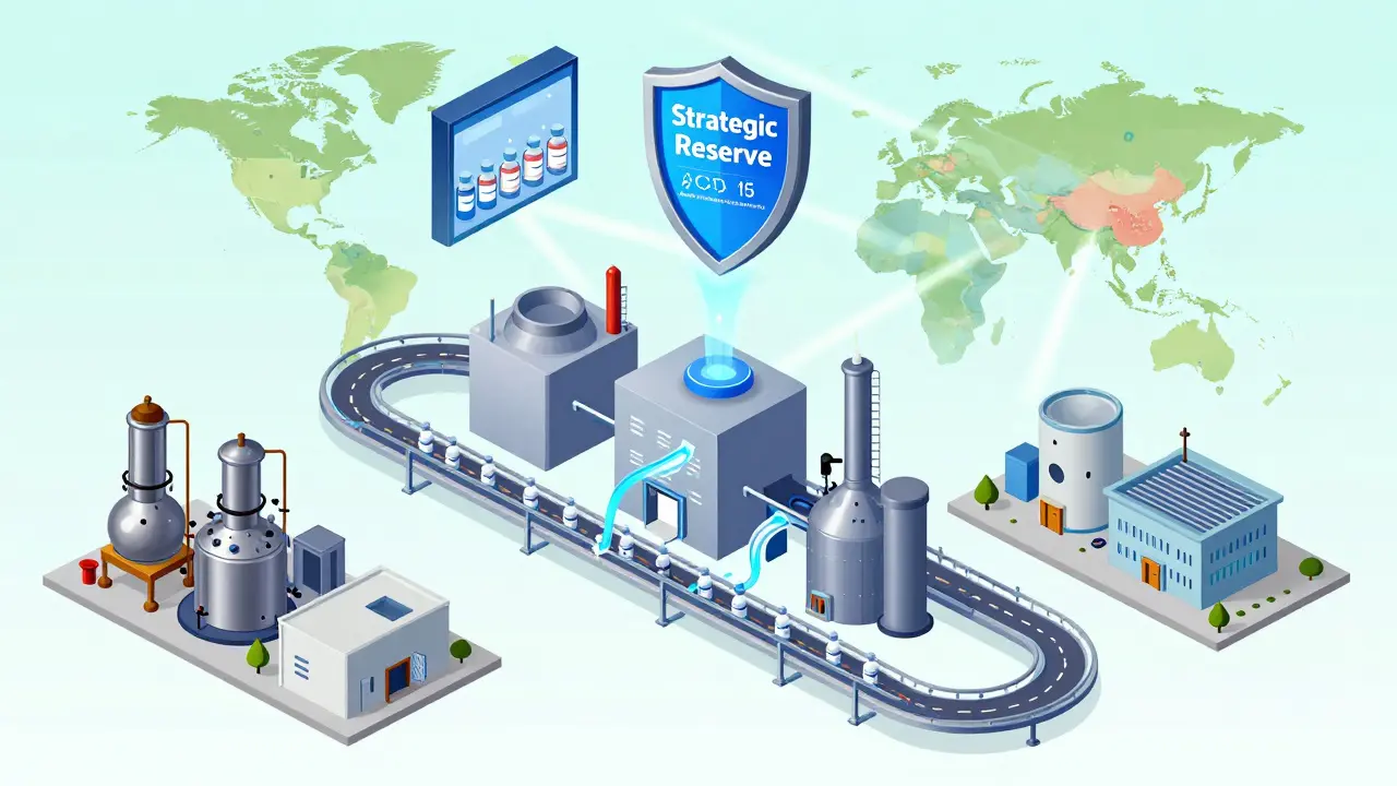 Continuous manufacturing line next to outdated batch plants, with strategic reserve shield above.
