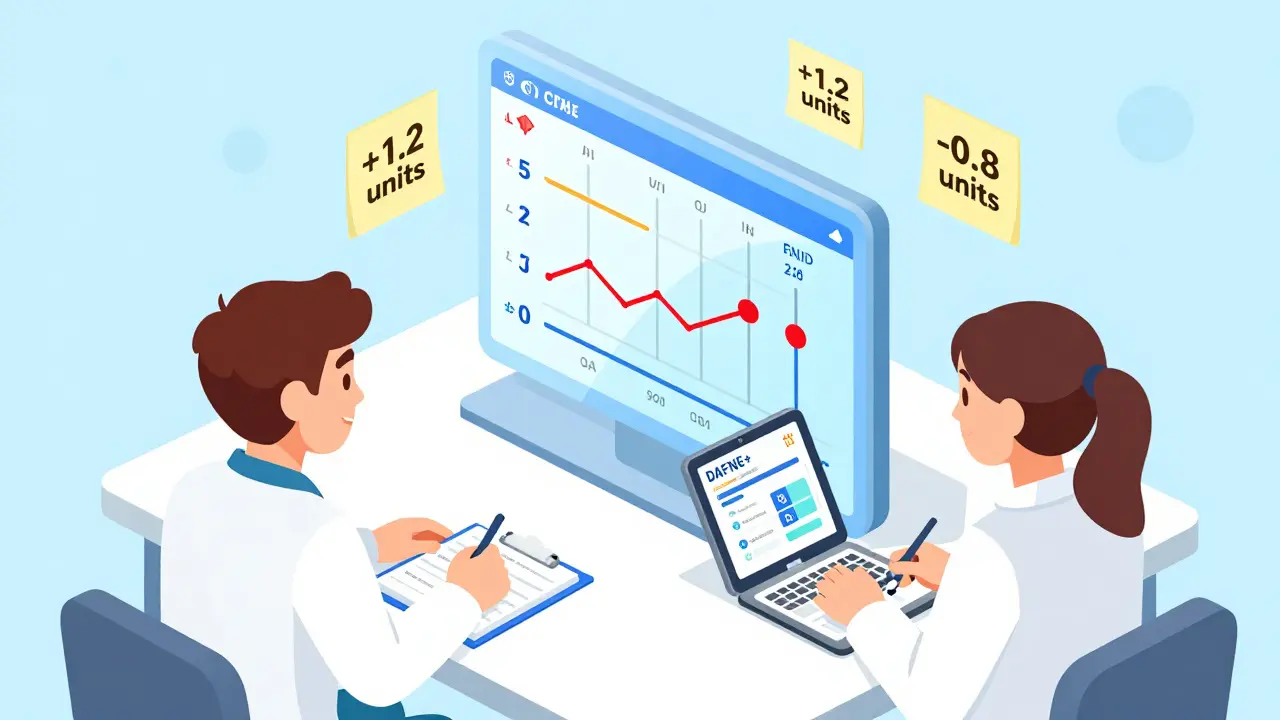 Diabetes educator and patient reviewing CGM trend arrows with dose adjustment numbers
