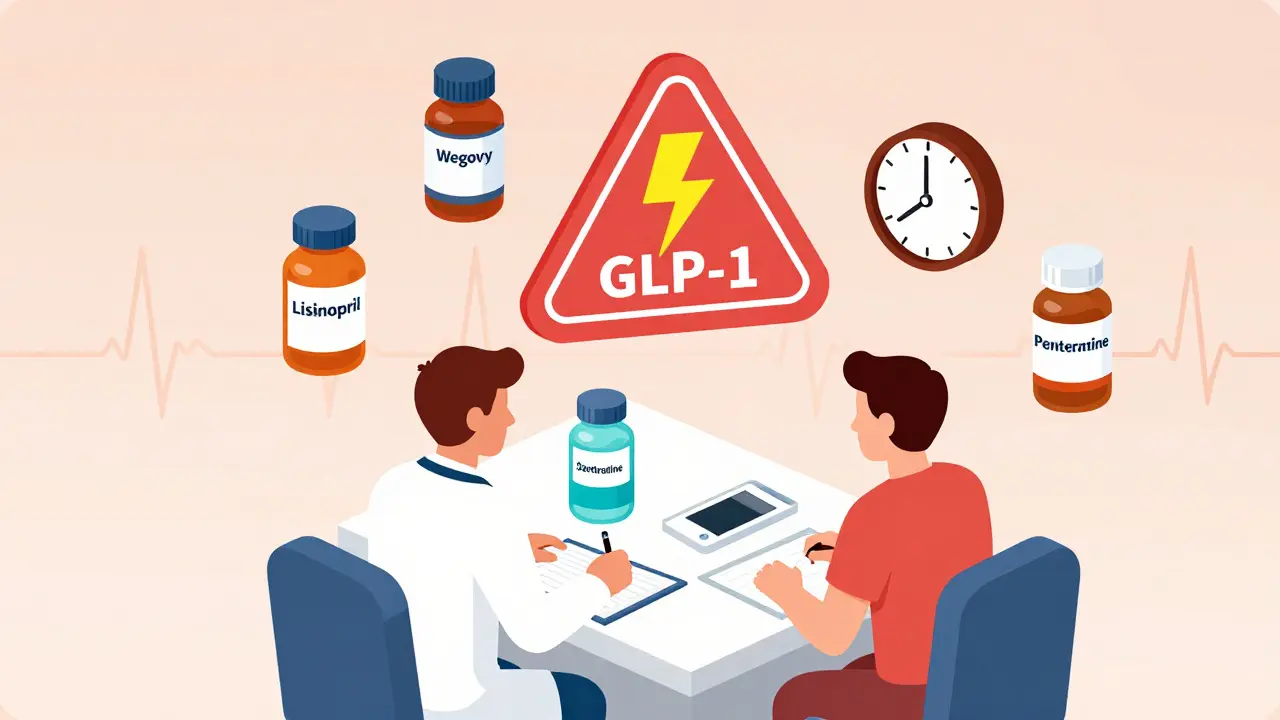 Doctor and patient at clinic with floating medication bottles and a warning sign between GLP-1 and ACE inhibitor drugs.