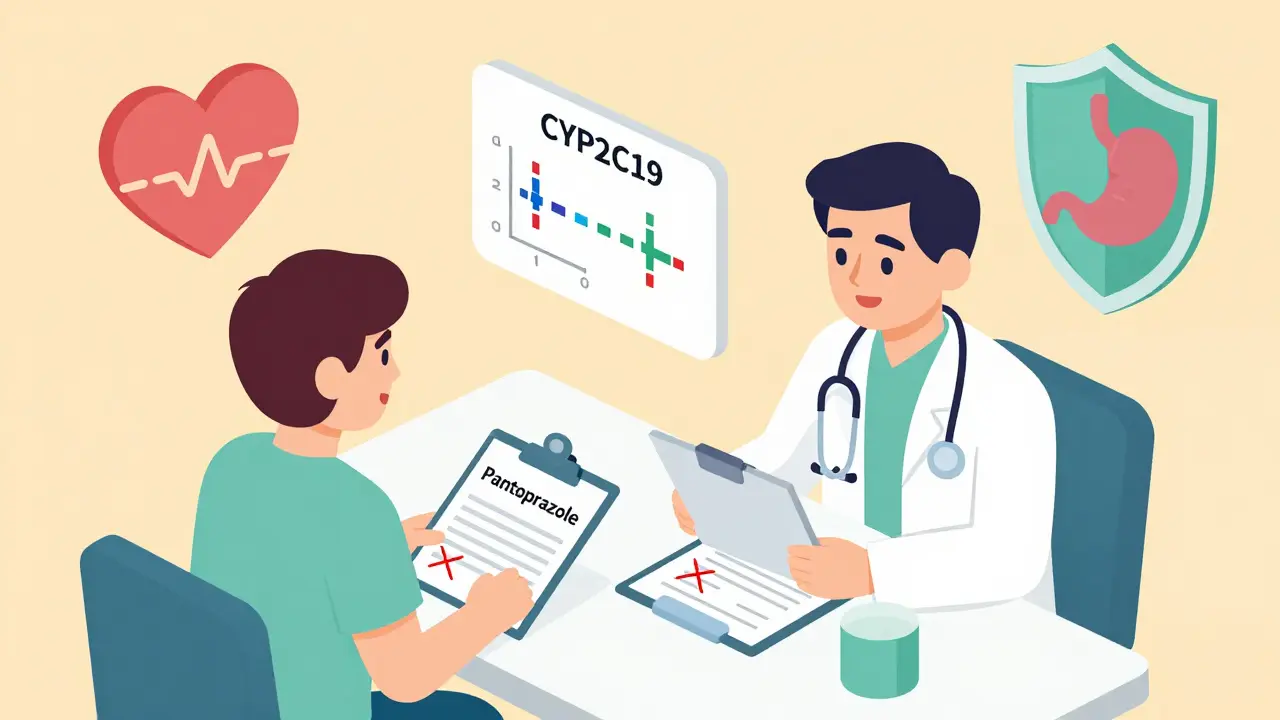 Doctor and patient discussing genetic testing and switching from omeprazole to pantoprazole for heart safety.