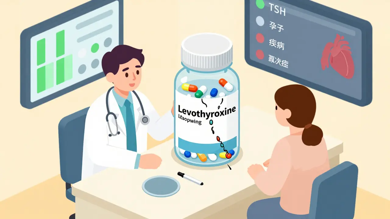 Doctor and patient reviewing thyroid medication brands with TSH levels on a digital display.