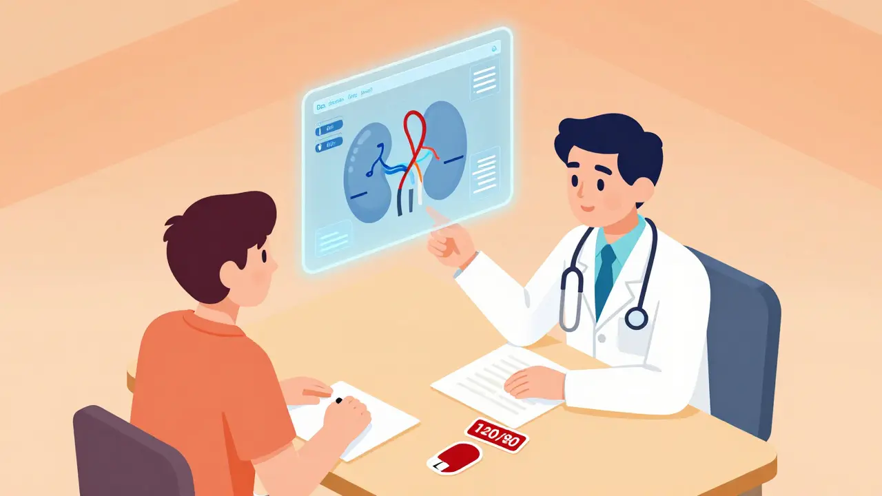 Doctor and patient with a hologram displaying personalized health data forming a custom blood pressure target, while generic targets lie discarded on the table.
