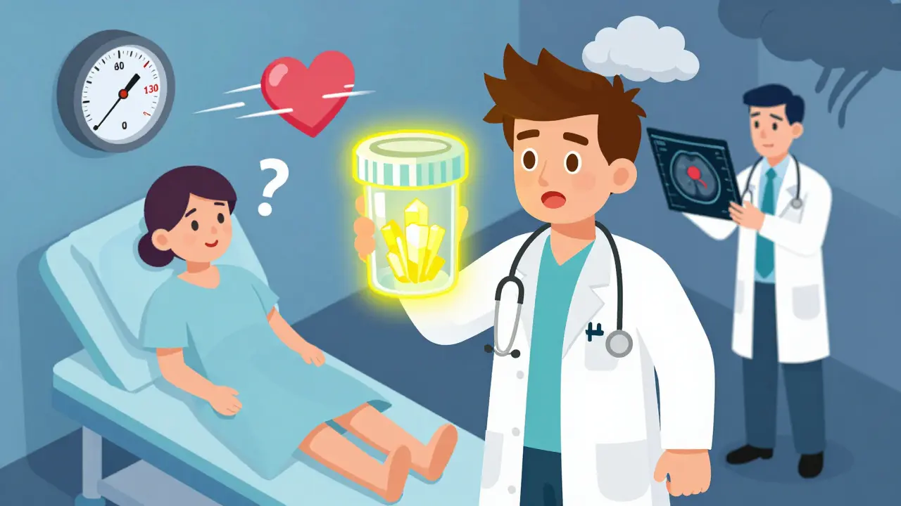 Doctor holding urine test bottle beside patient experiencing pheochromocytoma symptoms with spiked blood pressure.