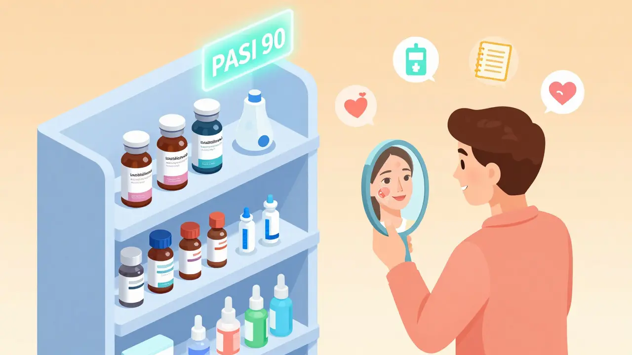 Futuristic oral biologics on a shelf with a patient celebrating clear skin in isometric style.