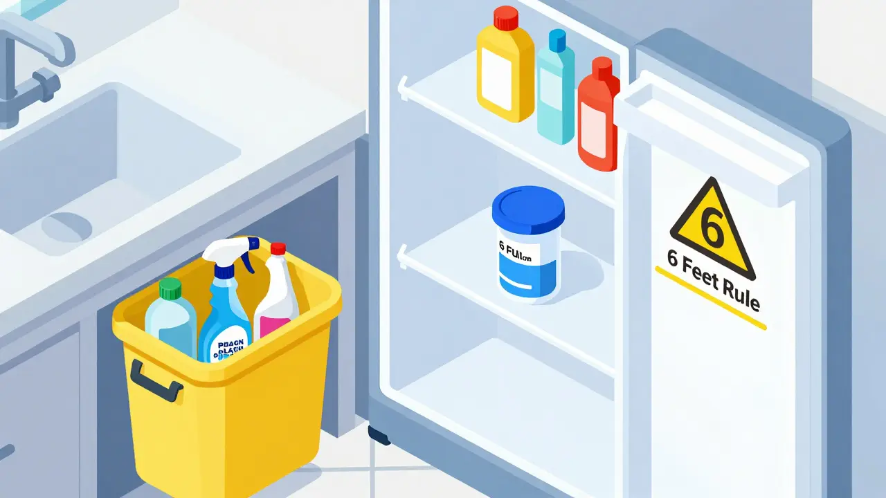 Insulin stored safely in the center of a fridge, away from food and cleaning products, with labeled containers in an isometric view.