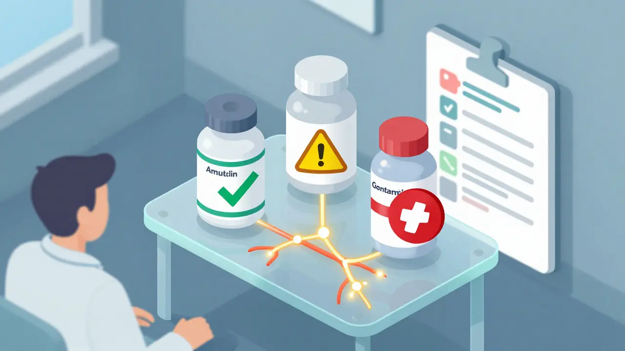 Isometric illustration showing three antibiotics with safety ratings beside a medical chart, highlighting nerve-muscle junctions.