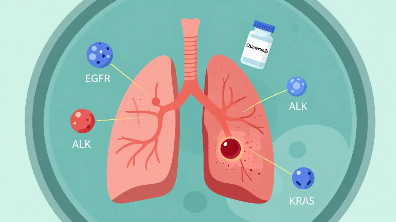 Isometric lung model with a small tumor and targeted therapy molecules floating around a pill bottle labeled Osimertinib.