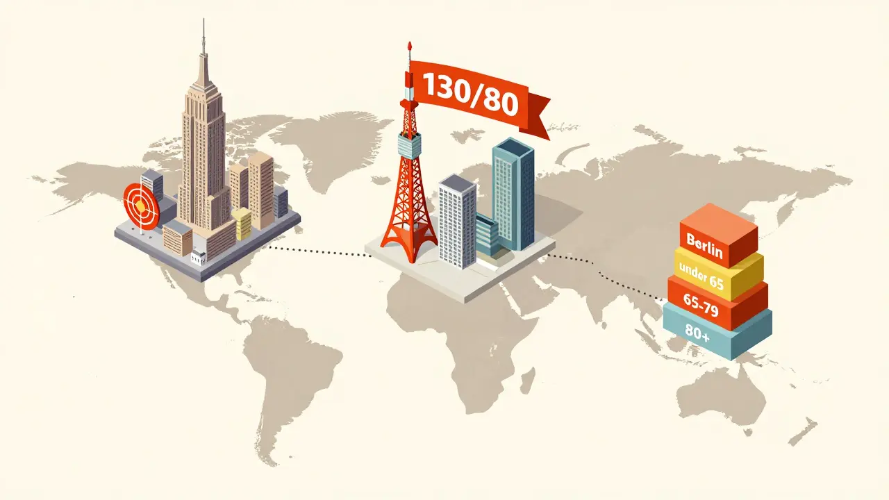 Isometric map showing three cities with different blood pressure targets represented as floating banners and stacked blocks, symbolizing global guidelines.