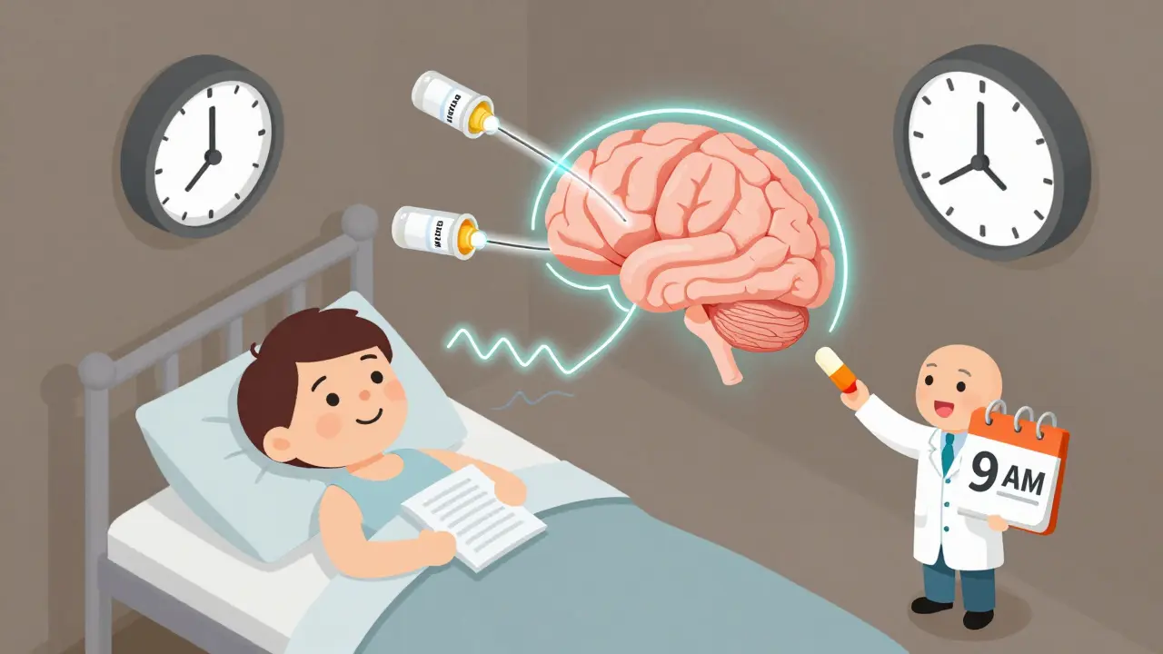 Isometric scene showing a sleep diary and medication pathways interfering with brain signals at 3 AM.